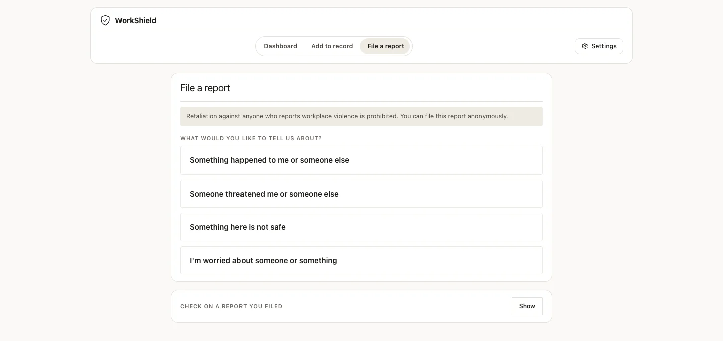 The employee report screen: a note that retaliation is prohibited and the report can be anonymous, then four choices for what to report.