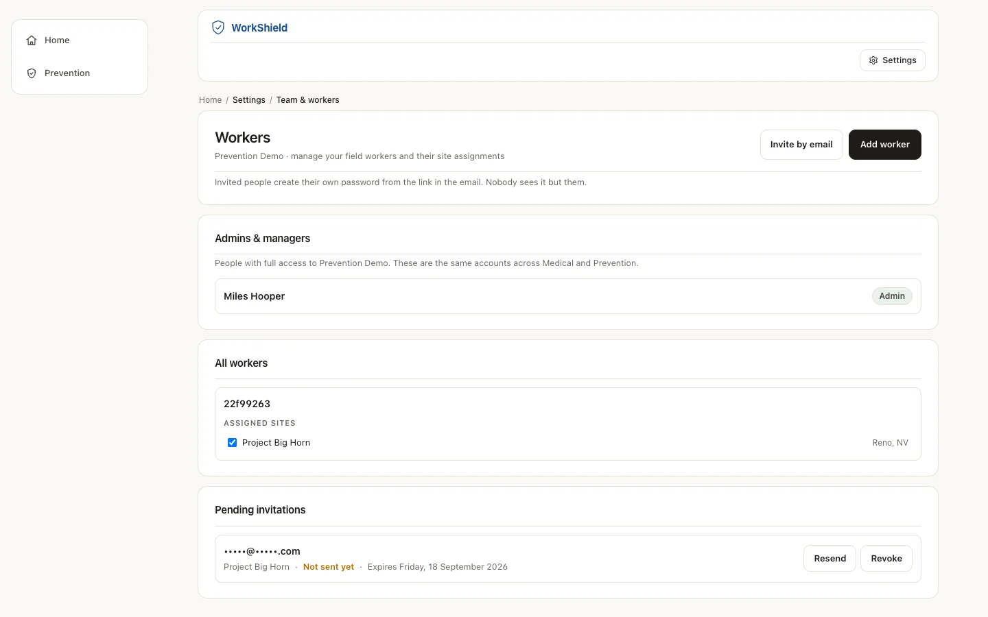 Team and workers: admins and managers, all workers with their assigned sites, and a pending invitation with resend and revoke buttons.