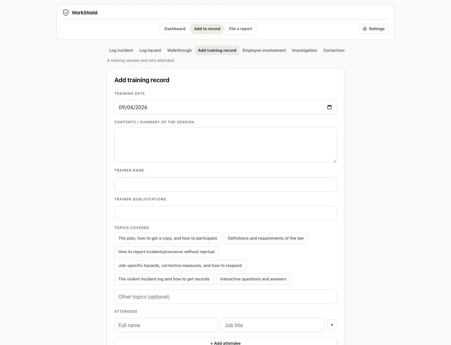 The add training record form: date, contents, trainer name and qualifications, topics covered, and attendees.